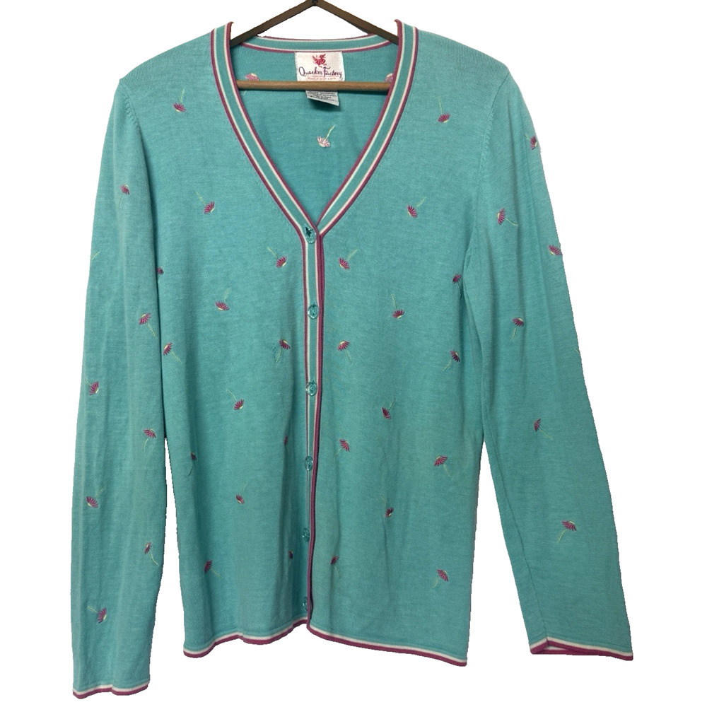 Quacker Factory Silk Floral Embroidered Button Cardigan‎ Sweater Size M Daisies